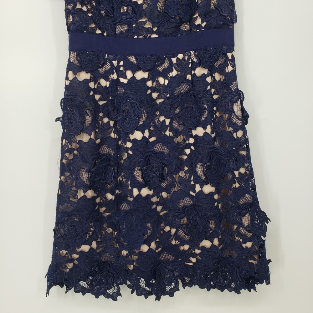 Adrianna Papell Navy Lace Floral Applique Cocktail Sheath Dress Illusion Size 6 - Picture 5 of 8